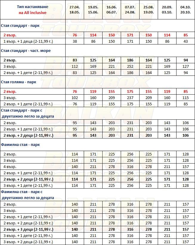 Crystal Green Bay Resort hotel price list , цени за хотел Crystal Green Bay Resort