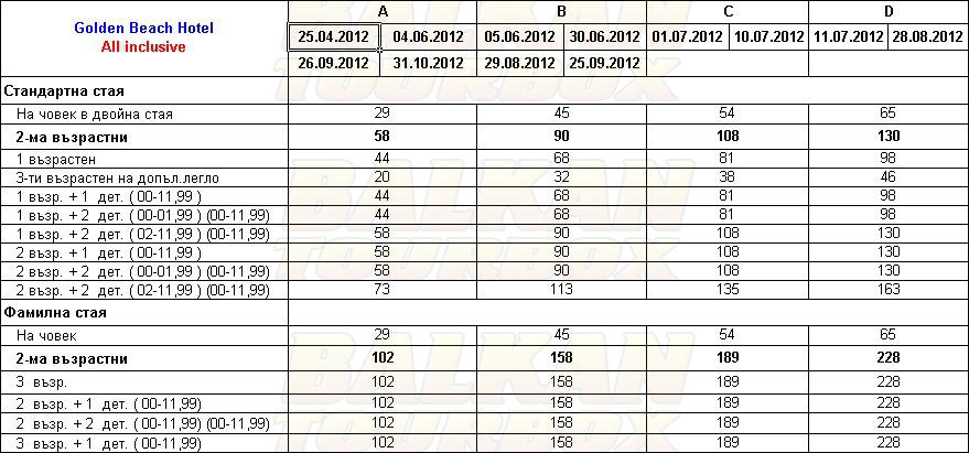 Golden Beach hotel price list , цени за хотел Golden Beach