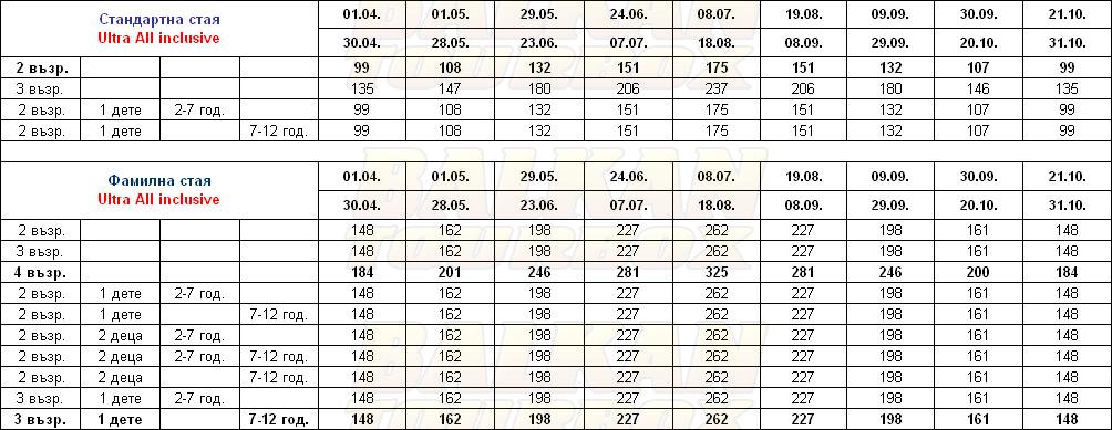 Crystal Paraiso Verde hotel price list , цени за хотел Crystal Paraiso Verde