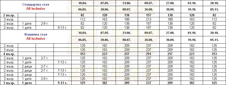 Sural Resort hotel price list , цени за хотел Sural Resort