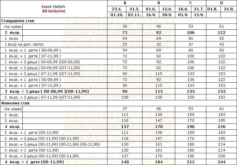 Emre hotel price list , цени за хотел Emre