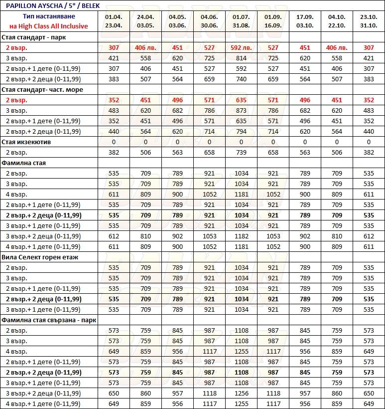 Papillon Ayscha hotel price list , цени за хотел Papillon Ayscha